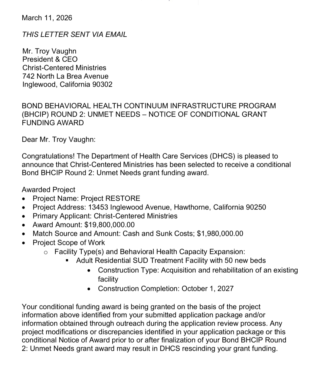 Project RESTORE award letter